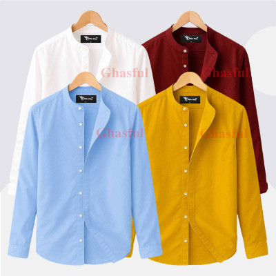 Long Sleeve Band Collar Shirt_ White , Merun & Sky Blue ,Kathali