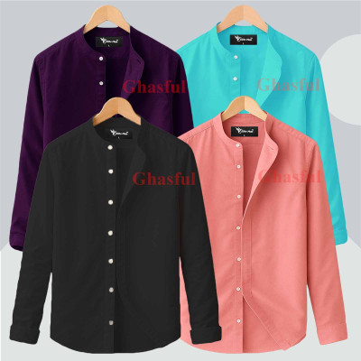 Long Sleeve Band Collar Shirt_ Pest , Black, Purple & Pink