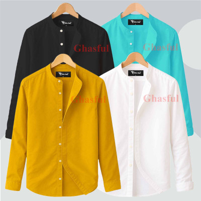 Long Sleeve Band Collar Shirt_    Black ,Pest & Kathali , White