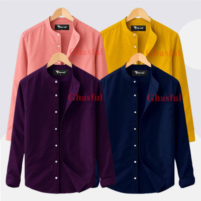 Long Sleeve Band Collar Shirt_ Kathali ,Pink , Purpel , Navey Blue.