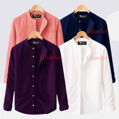 Long Sleeve Band Collar Shirt_   Navey Blue ,Pink , Purpel , White