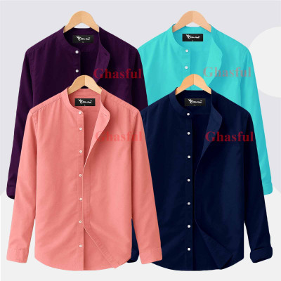 Long Sleeve Band Collar Shirt_  Purpel ,Pest , Pink , Navy Blue