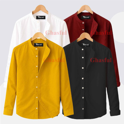 Long Sleeve Band Collar Shirt_  White , Merun , Kathali , Black