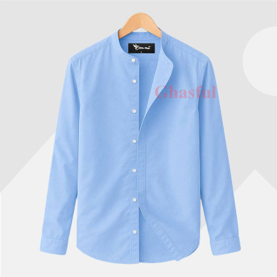 Long Sleeve Band Collar Shirt_ Sky Blue