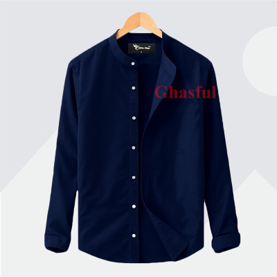 Long Sleeve Band Collar Shirt_  Nevey Blue