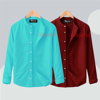 Long Sleeve Band Collar Shirt_  Pest , Merun