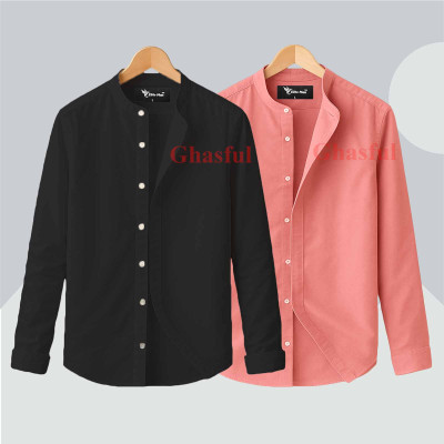 Long Sleeve Band Collar Shirt_  Black , Pink