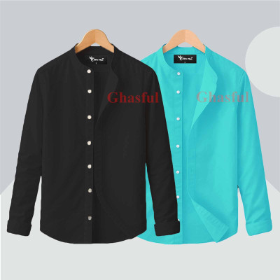 Long Sleeve Band Collar Shirt_ BLACK & PEST.