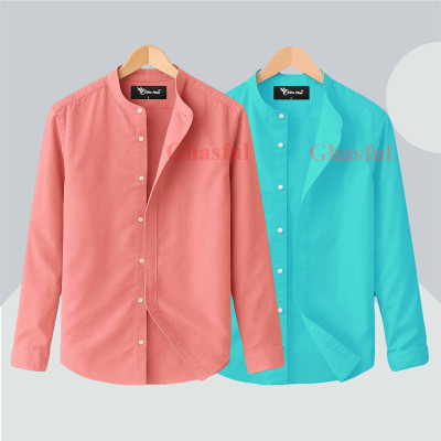 Long Sleeve Band Collar Shirt_  Pink , Pest