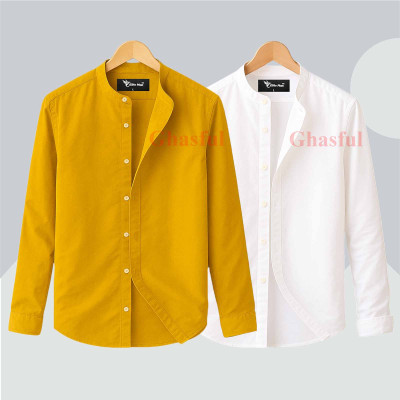 Long Sleeve Band Collar Shirt_ Kathali ,,White