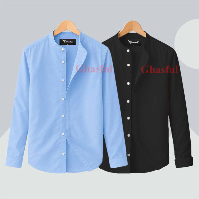 Long Sleeve Band Collar Shirt_ Sky Biue , Black