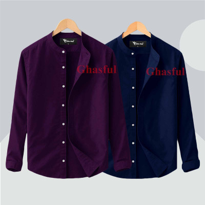 Long Sleeve Band Collar Shirt_  Nevy Blue ,Purpel