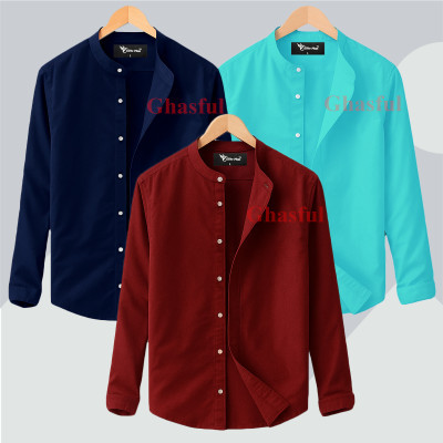 Long Sleeve Band Collar Shirt_  Navey Blue ,Pest ,Merun