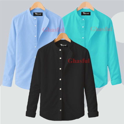Long Sleeve Band Collar Shirt_  Sky Blue ,Pest ,Black