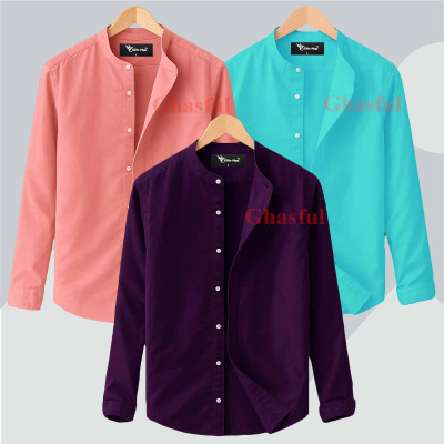 Long Sleeve Band Collar Shirt_  Pink , Pest ,Purpel