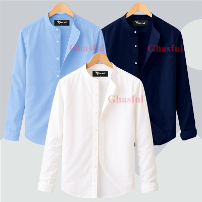 Long Sleeve Band Collar Shirt_  Sky Blue ,Navey Blue ,White