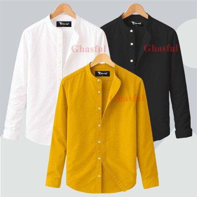 Long Sleeve Band Collar Shirt_  White ,Black , Kathali