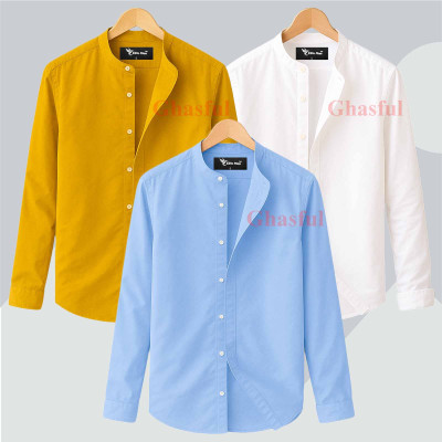 Long Sleeve Band Collar Shirt_  Kathali ,White ,Sky  Blue