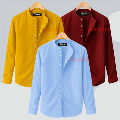 Long Sleeve Band Collar Shirt_  Kathali ,Merun ,Sky Blue