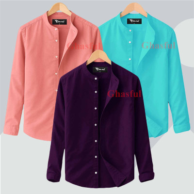 Long Sleeve Band Collar Shirt_  Pink ,Pest ,Purpel