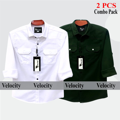 2 Pcs Combo Premium Quality Double Pocket Shirt - White & Green.
