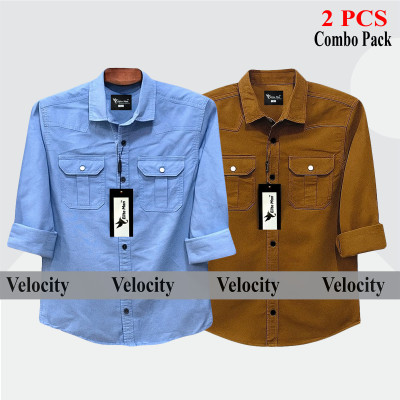 2 Pcs Combo Premium Quality Double Pocket Shirt - Sky Blue & Banson.