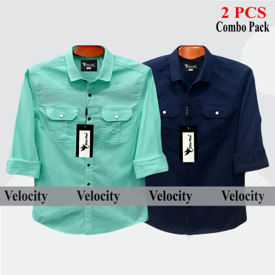 2 Pcs Combo Premium Quality Double Pocket Shirt - Nevy Blue & Pest.