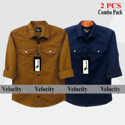 2 Pcs Combo Premium Quality Double Pocket Shirt - Nevy Blue & Banson.
