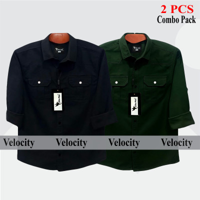 2 Pcs Combo Premium Quality Double Pocket Shirt - Black & Green.