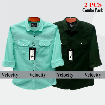 2 Pcs Combo Premium Quality Double Pocket Shirt - Pest & Green.