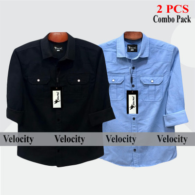 2 Pcs Combo Premium Quality Double Pocket Shirt - Black & Sky Blue.