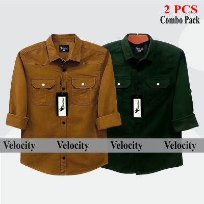 2 Pcs Combo Premium Quality Double Pocket Shirt - Green & Banson.