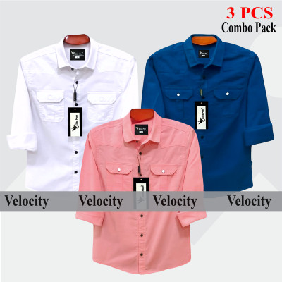 3 Pcs Combo Premium Quality Double Pocket Shirt - Pink, White, & Teal.