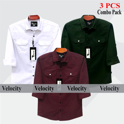 3 Pcs Combo Premium Quality Double Pocket Shirt - White, Green & Maroon.