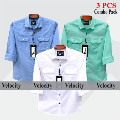 3 Pcs Combo Premium Quality Double Pocket Shirt - Pest, White & Sky Blue.