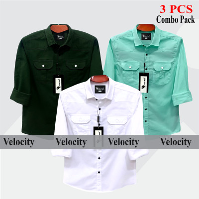 3 Pcs Combo Premium Quality Double Pocket Shirt - Pest, White & Green.