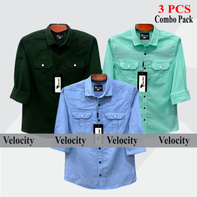 3 Pcs Combo Premium Quality Double Pocket Shirt - Pest, Green & Sky Blue.