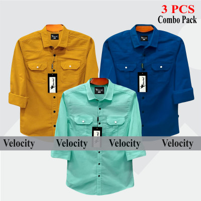 3 Pcs Combo Premium Quality Double Pocket Shirt - Pest, Kathali & Teal.
