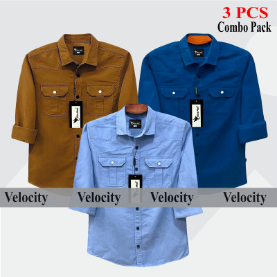 3 Pcs Combo Premium Quality Double Pocket Shirt - Banson, Sky Blue & Teal.