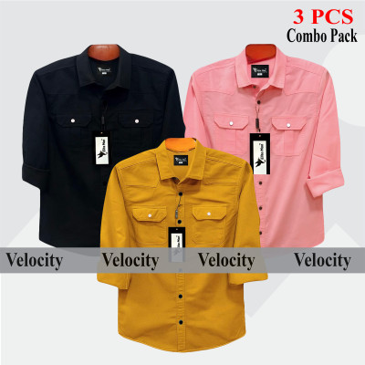 3 Pcs Combo Premium Quality Double Pocket Shirt - Black, Pink & Kathali.