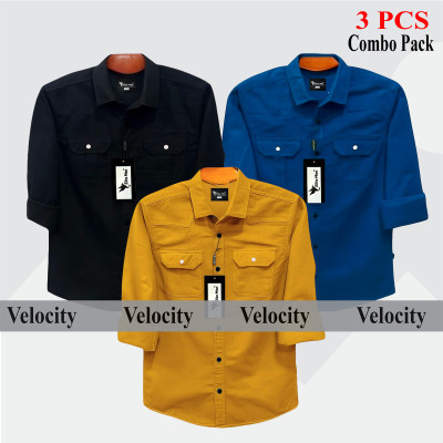 3 Pcs Combo Premium Quality Double Pocket Shirt - Black, Teal & Kathali.