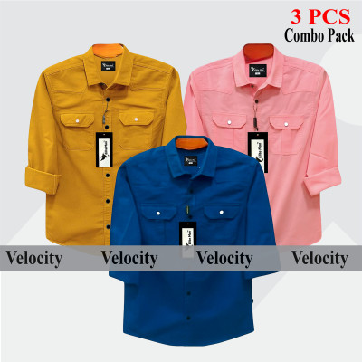3 Pcs Combo Premium Quality Double Pocket Shirt - Teal, Pink & Kathali.