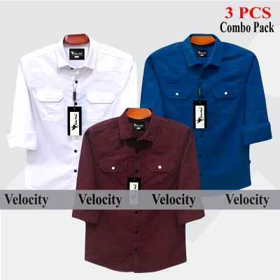 3 Pcs Combo Premium Quality Double Pocket Shirt - White, Maroon & Teal.