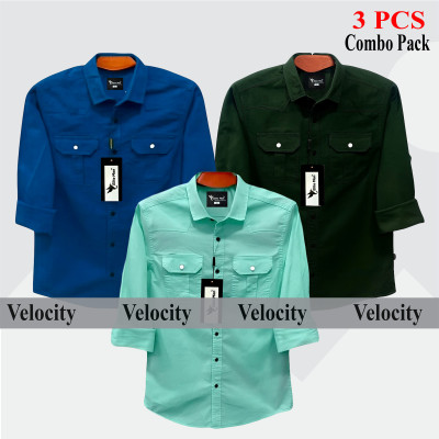 3 Pcs Combo Premium Quality Double Pocket Shirt - Pest, Green, & Teal.