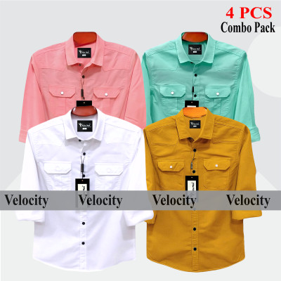 4 Pcs Combo Premium Quality Double Pocket Shirt - Pink, Pest, Kathali & White.