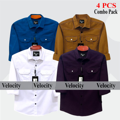 4 Pcs Combo Premium Quality Double Pocket Shirt - White, Purple, Banson & Teal.