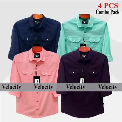4 Pcs Combo Premium Quality Double Pocket Shirt - Pink, Pest, Purple & Nevy Blue.