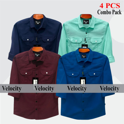 4 Pcs Combo Premium Quality Double Pocket Shirt - Pest, Maroon, Nevy Blue & Teal.
