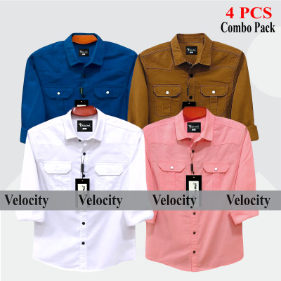4 Pcs Combo Premium Quality Double Pocket Shirt - White, Pink, Banson & Teal.