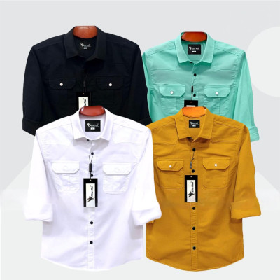 4 Pcs Combo Premium Quality Double Pocket Shirt - White, Black ,Pest & Kathali.